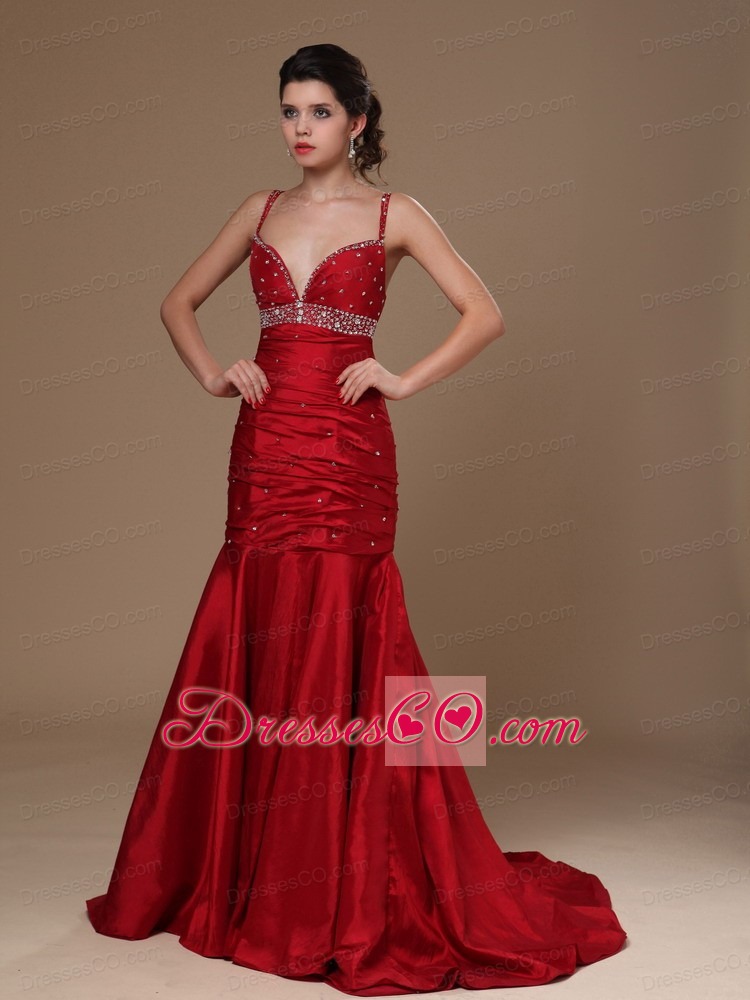 Wine Red Taffeta Mermaid Sweep Hottest Beaded Prom Celebrity Gowns For Custom Made