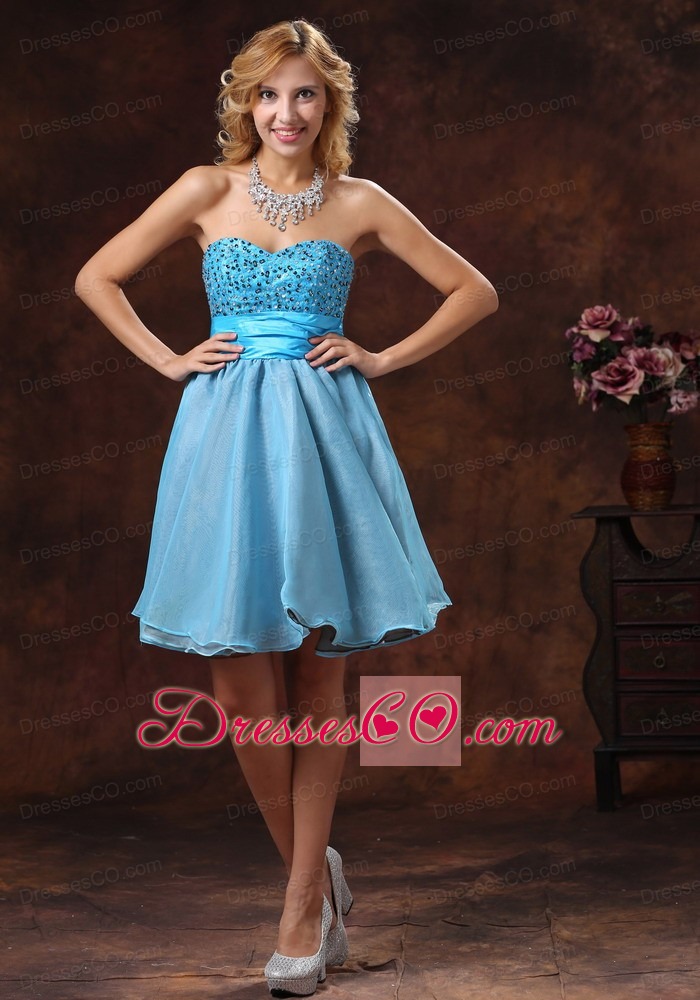Baby Blue Beaded Decorate Prom Dress With Mini-length In Cocktail