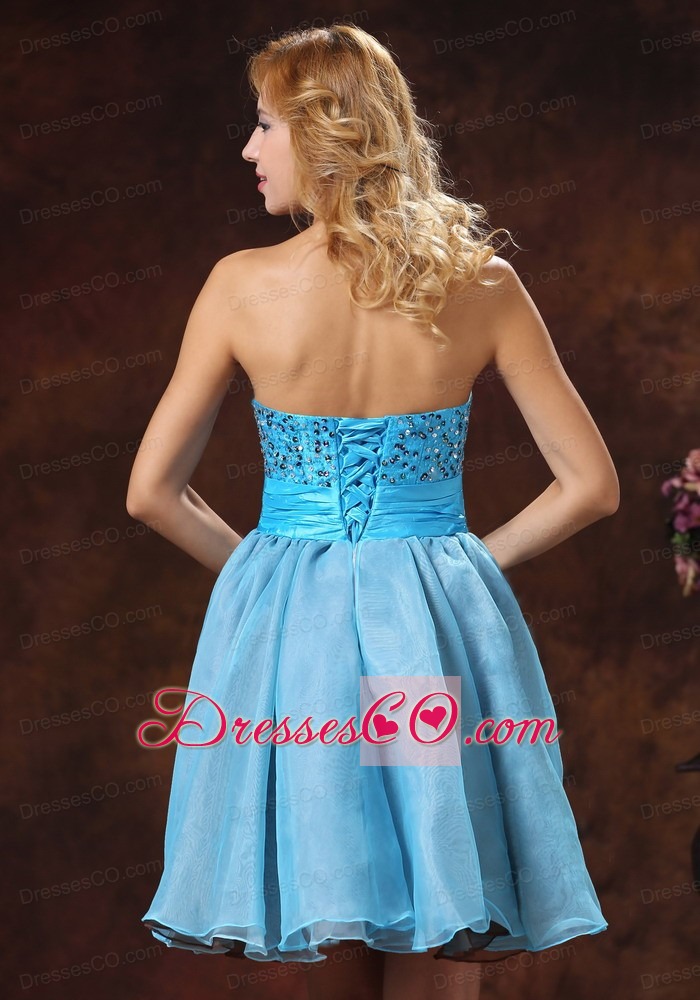 Baby Blue Beaded Decorate Prom Dress With Mini-length In Cocktail