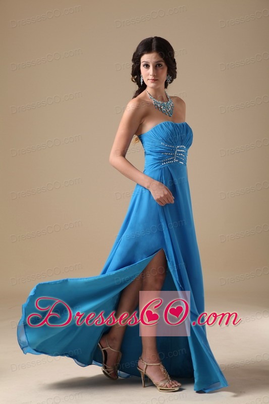 Aqua Blue Empire Strapless Long Chiffon Beading Prom Dress