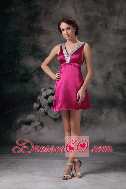 Fuchsia A-line V-neck Mini-length Taffeta Beading Prom / Homecoming Dress