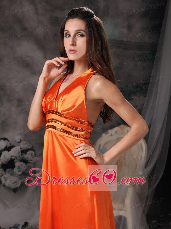 Gorgeous Orange Red Evening Dress Empire Halter Taffeta Beading Long
