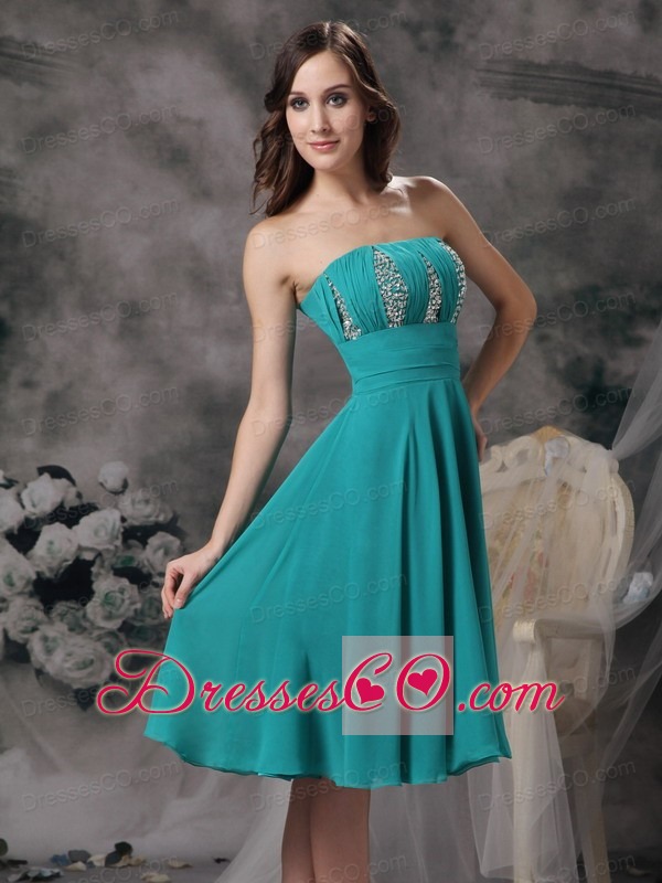 Beautiful Turquoise Empire Strapless Homecoming Dress Chiffon Beading Knee-length