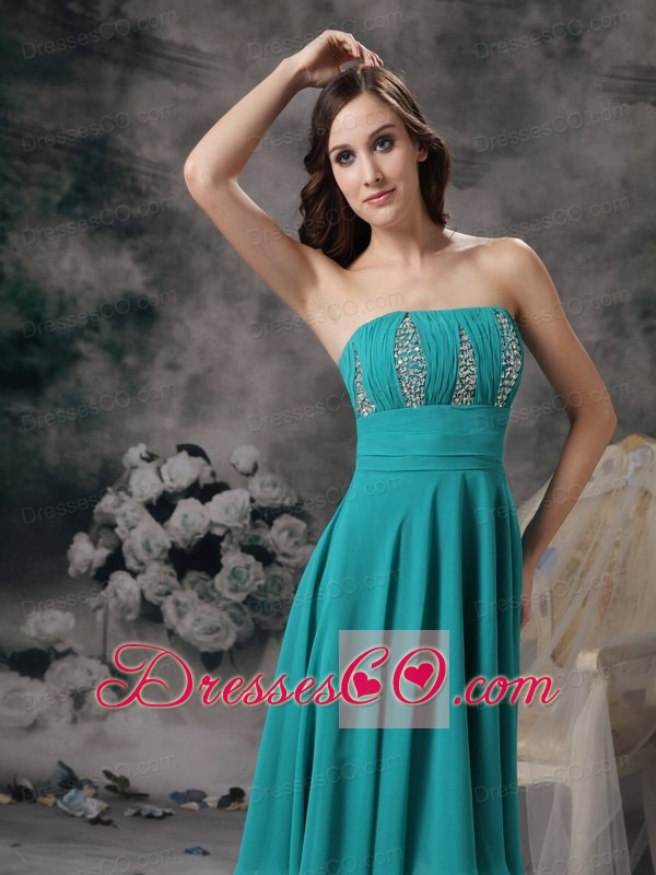 Beautiful Turquoise Empire Strapless Homecoming Dress Chiffon Beading Knee-length