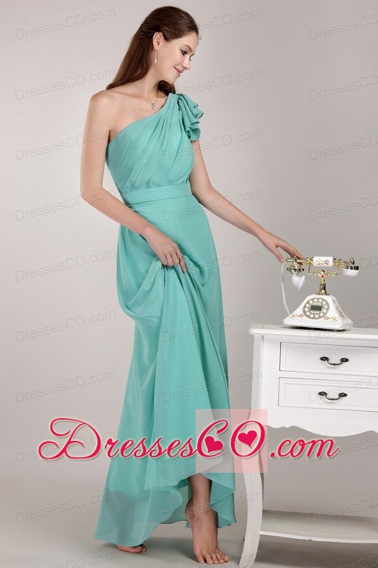 Turquoise Column / Sheath One Shoulder Long Chiffon Ruche Prom Dress