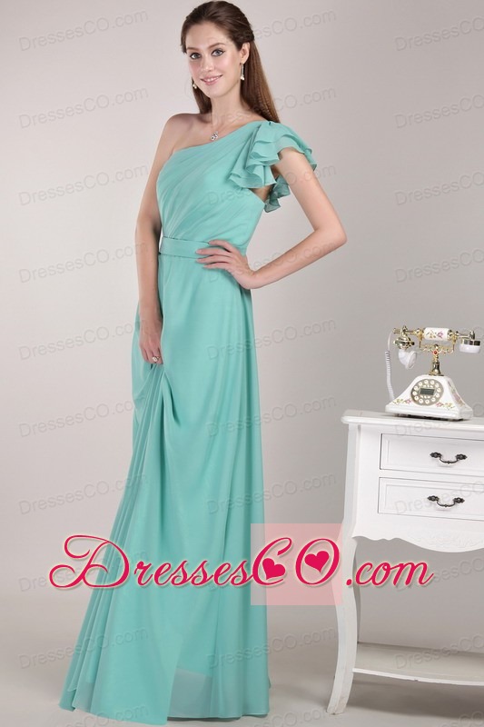 Turquoise Column / Sheath One Shoulder Long Chiffon Ruche Prom Dress