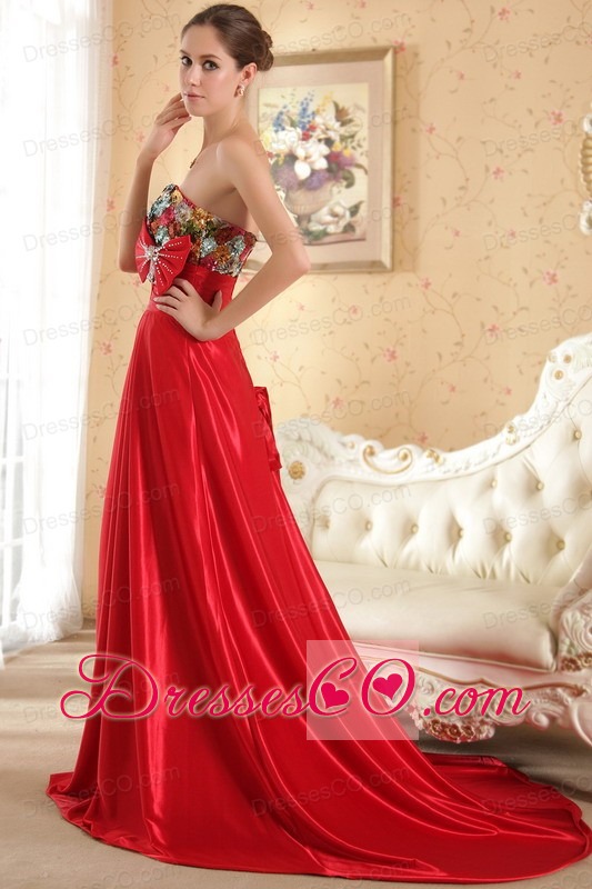 Red Column / Sheath Court Train Taffeta Beading and Bow Prom / Evening Dress