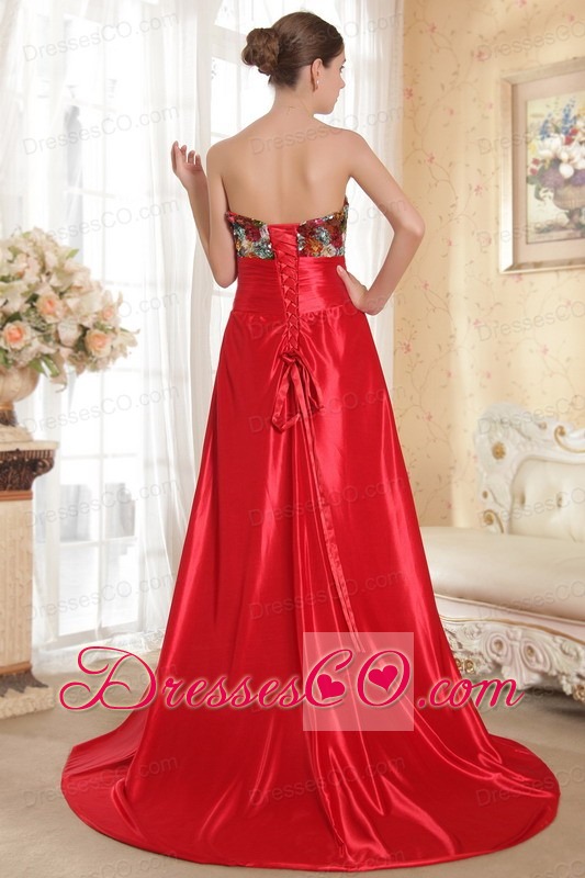 Red Column / Sheath Court Train Taffeta Beading and Bow Prom / Evening Dress