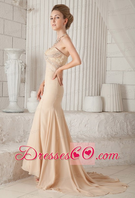 Champagne Trumpet / Mermaid Brush Train Chiffon Beading Prom Dress