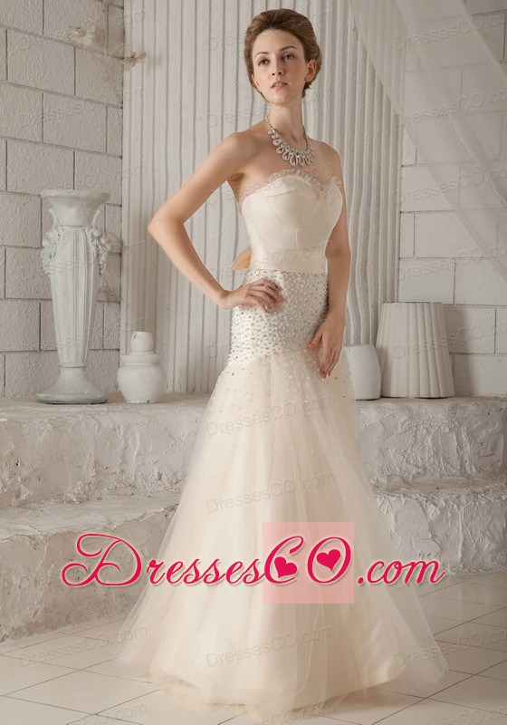 Champagne A-line / Princess Long Tulle And Satin Beading Prom / Pageant Dress