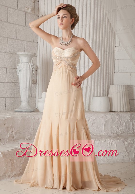 Champagne A-line / Princess Court Train Chiffon Beading Prom Dress