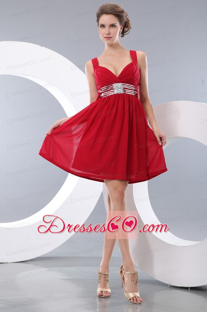 Red Empire Straps Mini-length Chiffon Sequins Prom / Homecoming Dress