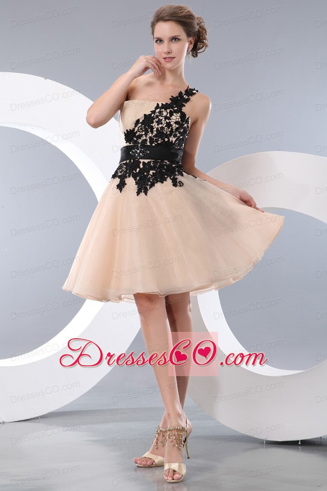 Champagne A-line / Princess One Shoulder Mini-length Organza Appliques Prom / Homecoming Dress