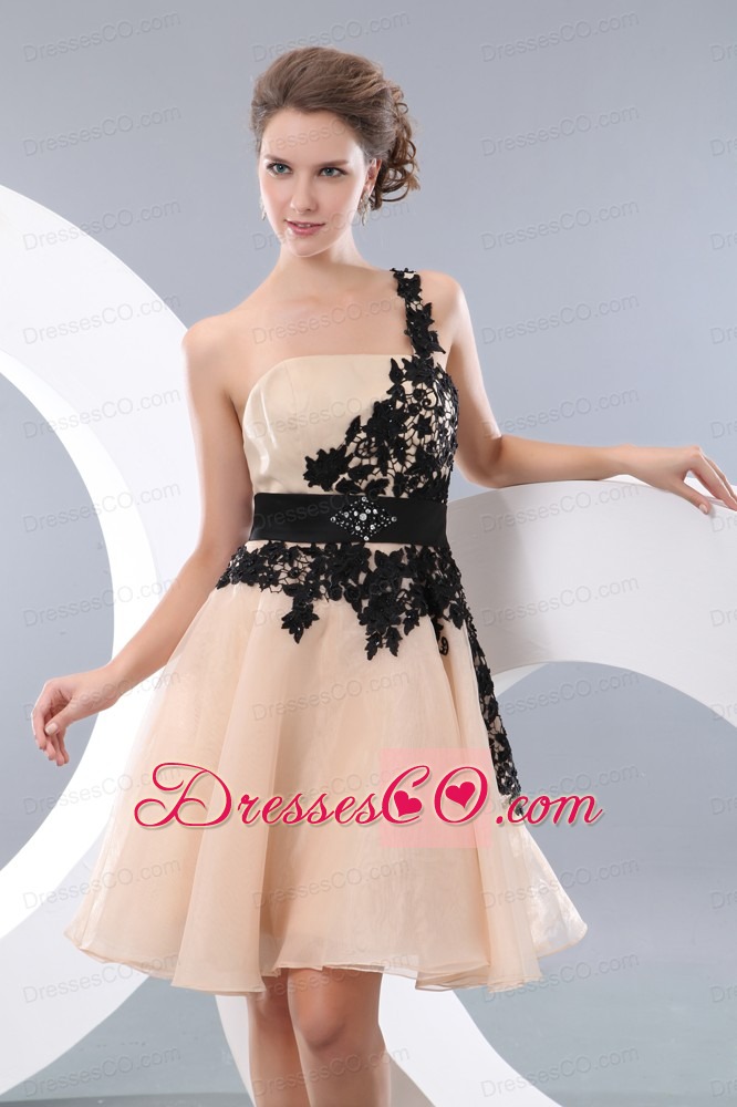 Champagne A-line / Princess One Shoulder Mini-length Organza Appliques Prom / Homecoming Dress