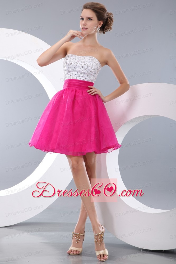 Pretty Hot Pink A-line / Princess Strapless Beading Short Prom / Homecoming Dress Mini-length Organza