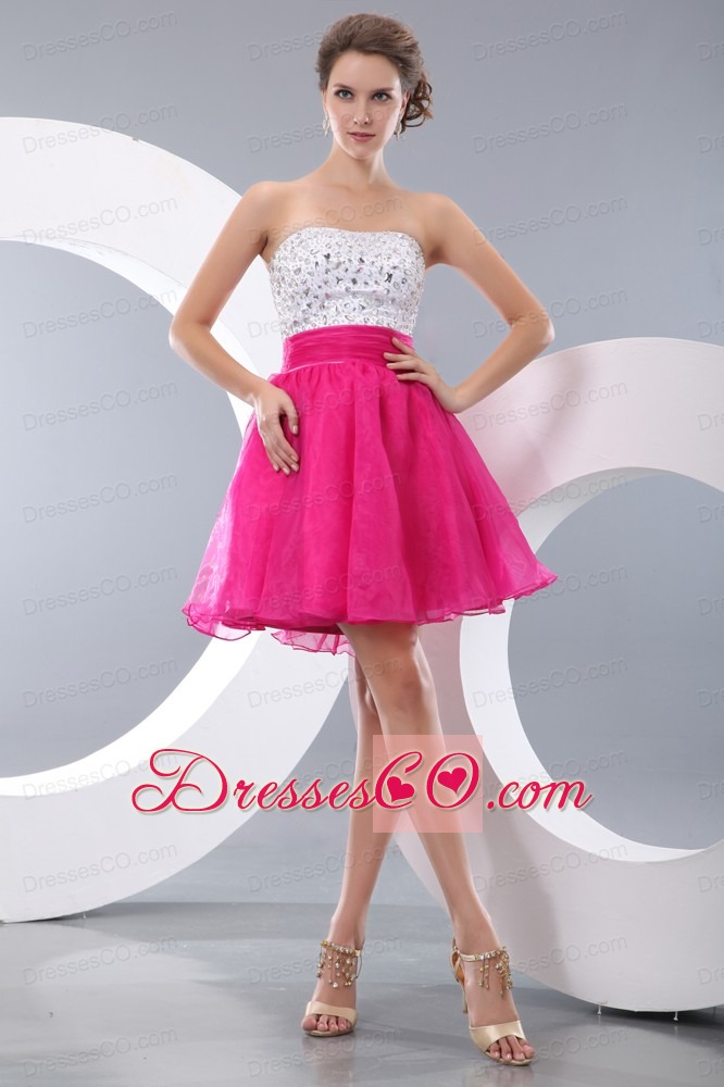 Pretty Hot Pink A-line / Princess Strapless Beading Short Prom / Homecoming Dress Mini-length Organza