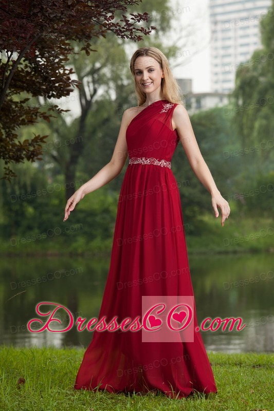 Wine Red Empire One Shoulder Long Chiffon Beading Prom Dress
