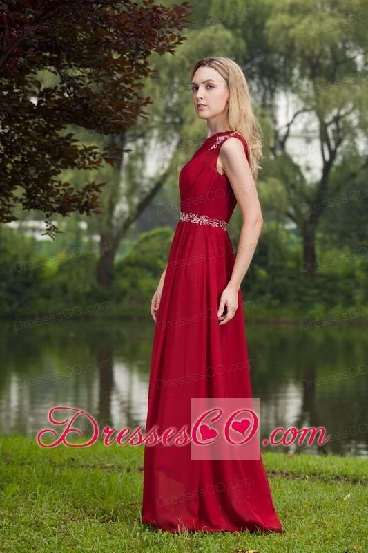 Wine Red Empire One Shoulder Long Chiffon Beading Prom Dress