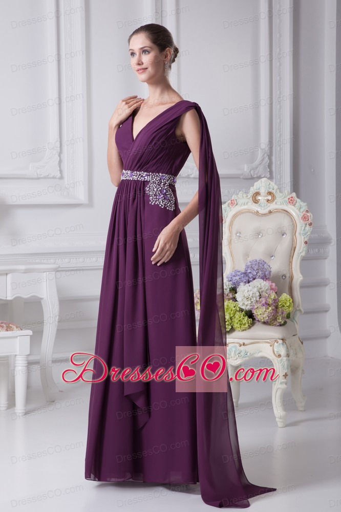 V-neck Watteau Train Dark Purple Empire Prom Dress