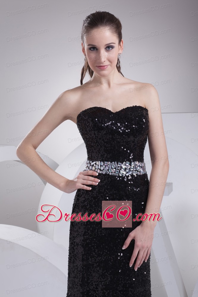 Black Sequin Beading Brush Train Prom Dress