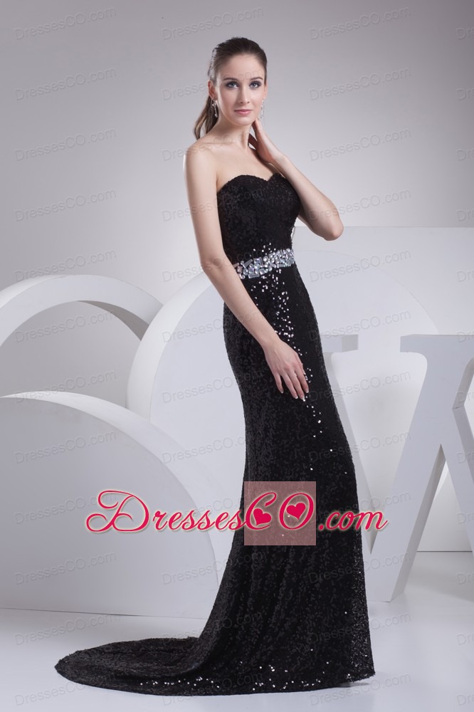 Black Sequin Beading Brush Train Prom Dress