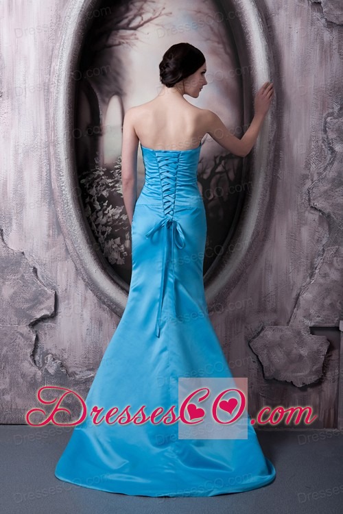 Simple Aqua Blue Prom Dress Column Strapless Elastic Woven Satin Brush Train