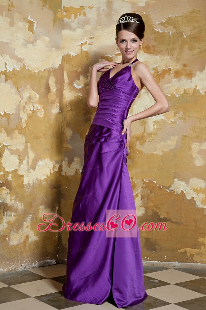 Purple Column V-neck Long Taffeta Beading Prom Dress