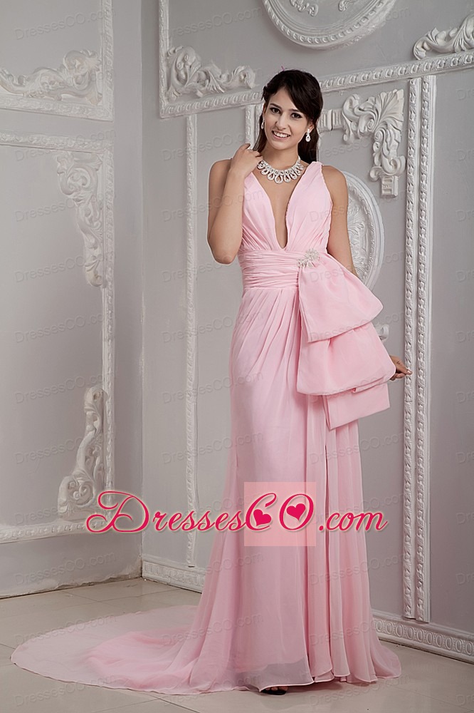 Baby Pink Empire V-neck Prom Dress Chiffon Beading Court Train