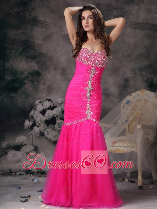 Custom Made Hot Pink Prom / Evening Dress Mermaid Organza Beading Long