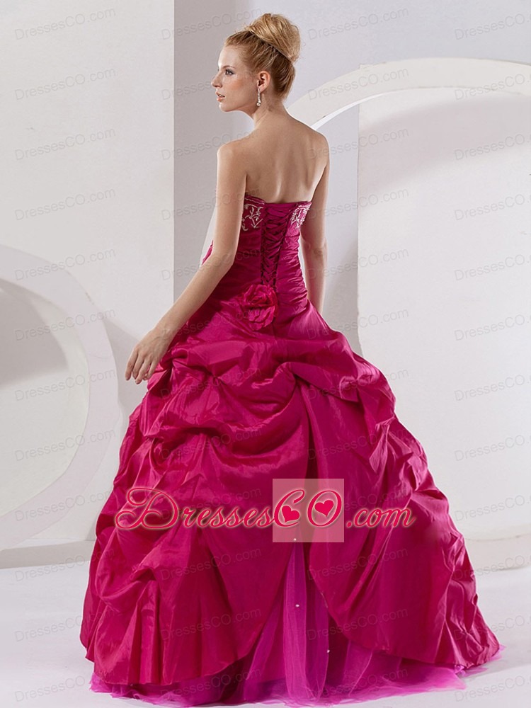 Hot Pink Taffeta Embroidery A-line Long Strapless Quinceanera Dress