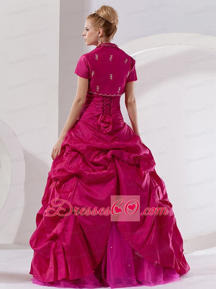 Hot Pink Taffeta Embroidery A-line Long Strapless Quinceanera Dress