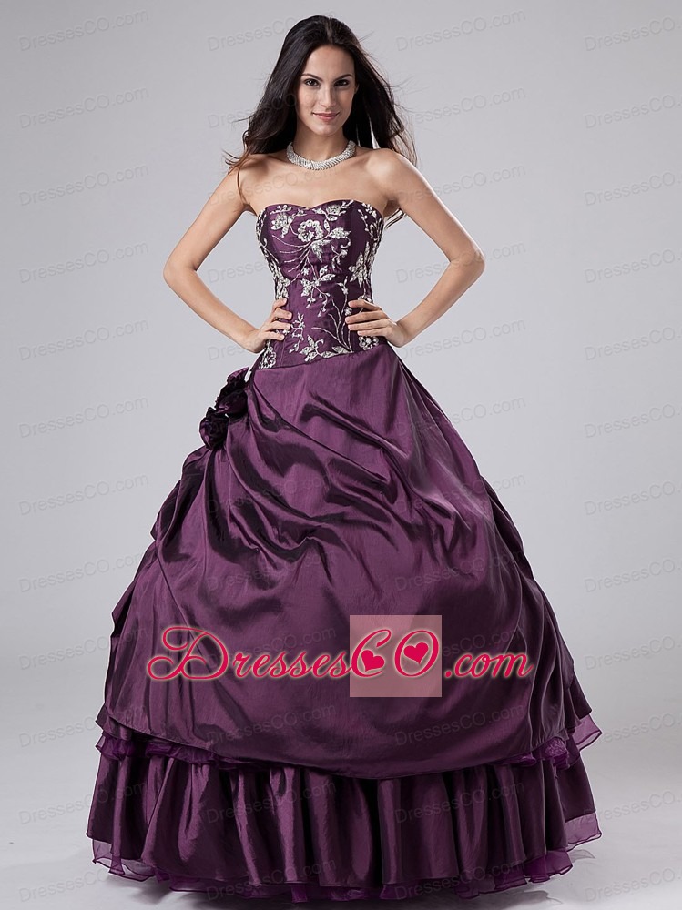 Embroidery Purple Strapless Ball Gown Taffeta Long Quinceanera Dress