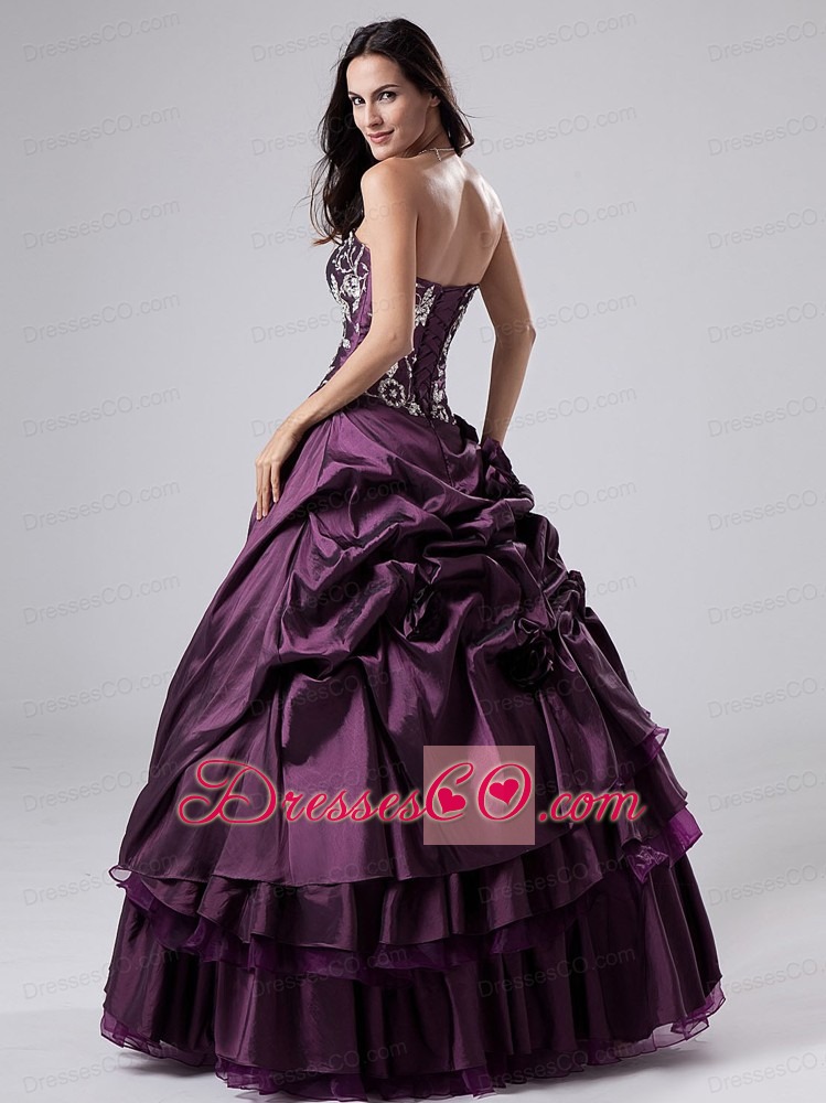Embroidery Purple Strapless Ball Gown Taffeta Long Quinceanera Dress