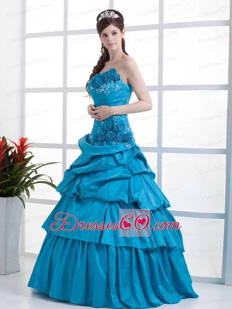 Teal Quinceanera Dress Hand Made Flowers and Ruffled Layers