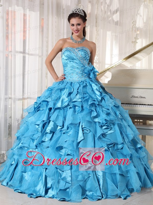 Teal Ball Gown Long Organza Beading Quinceanera Dress