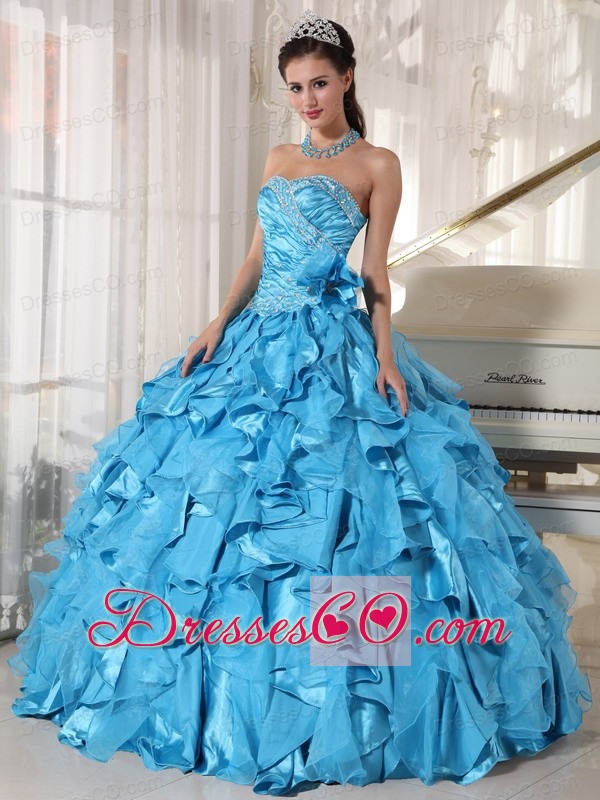 Teal Ball Gown Long Organza Beading Quinceanera Dress