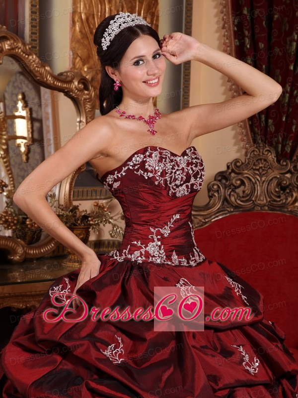 Wine Red Ball Gown Long Taffeta Appliques Quinceanera Dress