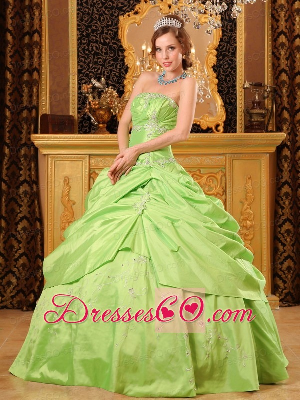 Spring Green Ball Gown Strapless Long Taffeta Beading Quinceanera Dress