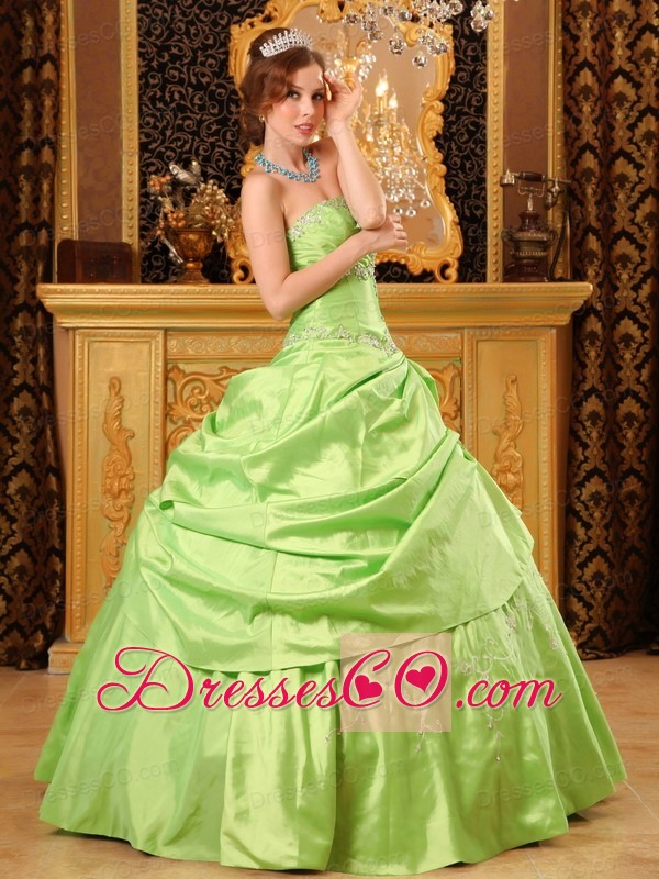 Spring Green Ball Gown Strapless Long Taffeta Beading Quinceanera Dress