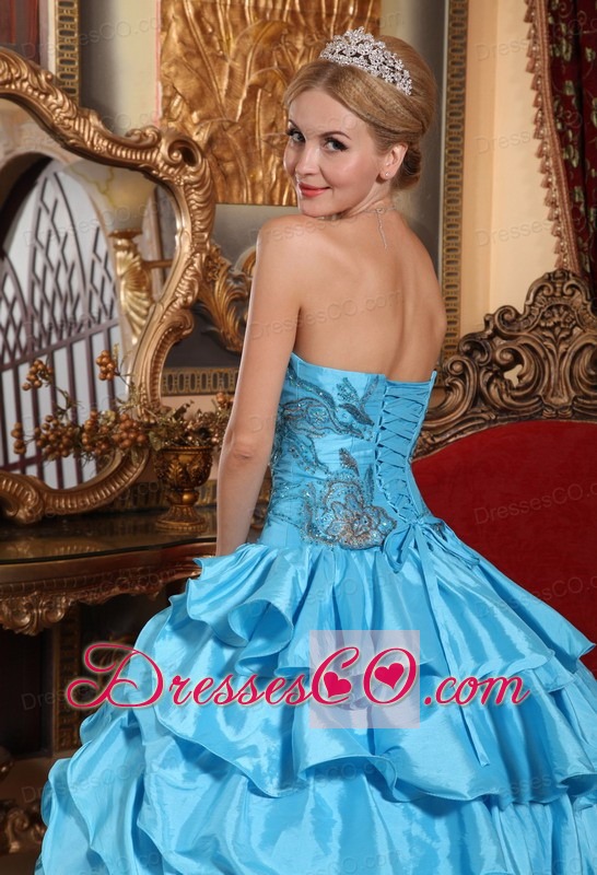 Aqua Blue Ball Gown Strapless Long Taffeta Appliques Quinceanera Dress
