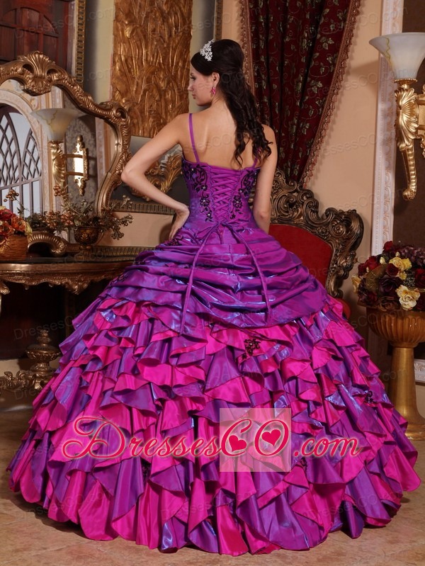 Purple And Fuchsia Ball Gown Straps Long Satin Embroidery With Beading Quinceanera Dress