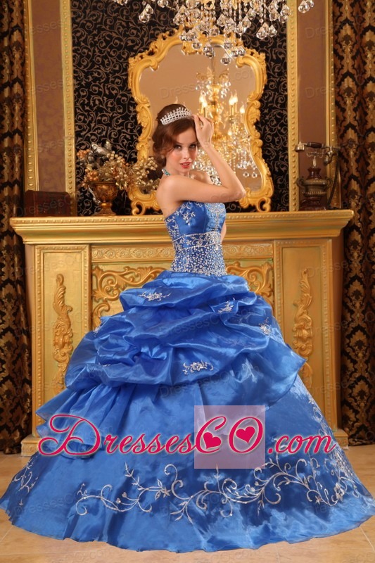 Blue Ball Gown Strapless Long Organza Beading Quinceanera Dress