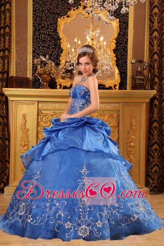 Blue Ball Gown Strapless Long Organza Beading Quinceanera Dress