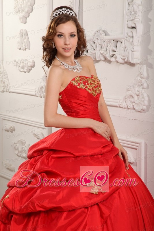 Wonderful Ball Gown Long Taffeta Appliques Red Quinceanera Dress