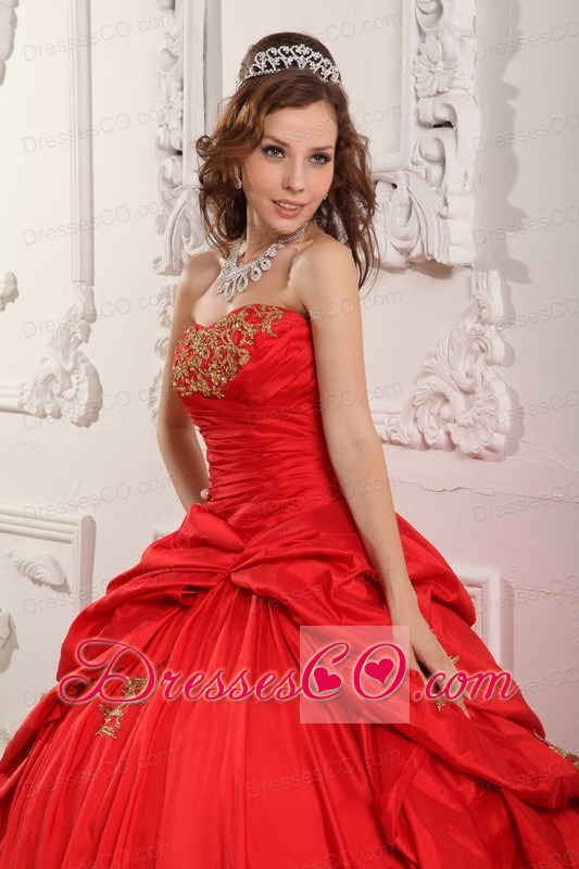 Wonderful Ball Gown Long Taffeta Appliques Red Quinceanera Dress