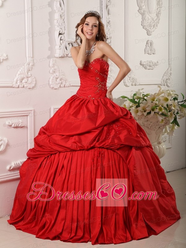 Exclusive Ball Gown Long Beading Taffeta Red Quinceanera Dress