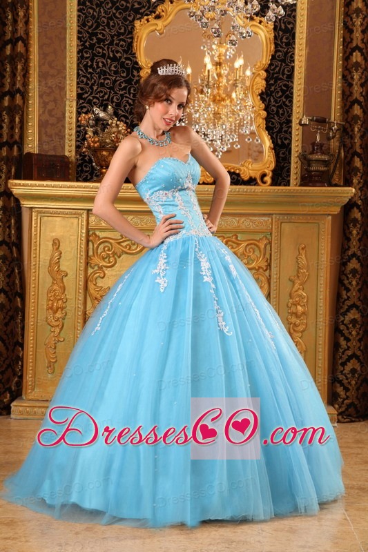 Popular Ball Gown Long Tulle Appliques Aqua Blue Quinceanera Dress