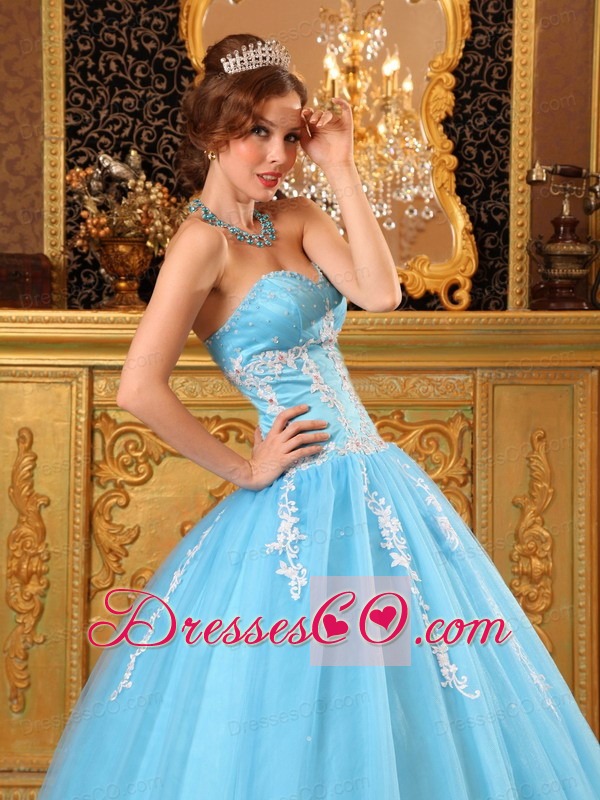 Popular Ball Gown Long Tulle Appliques Aqua Blue Quinceanera Dress