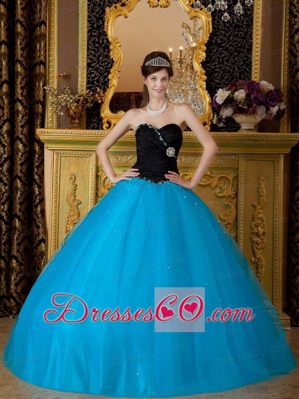 Blue Ball Gown Long Beading Tulle Quinceanera Dress