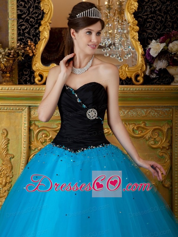 Blue Ball Gown Long Beading Tulle Quinceanera Dress